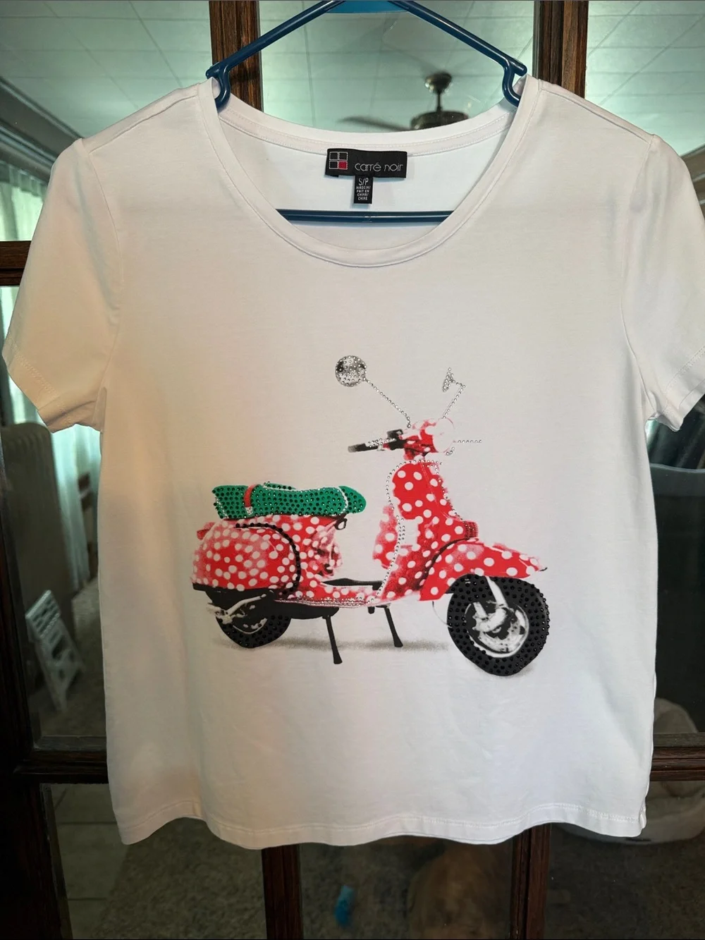 Carre Noir White Polka Dot Scooter Rhinestone Embellished Graphic Tee Small